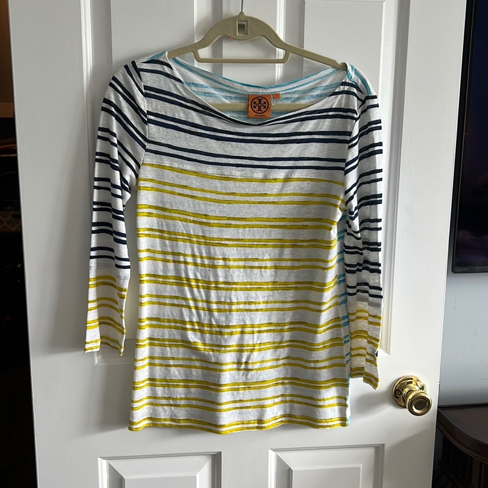 Tory Burch green blue striped boatneck 3/4 sleep top
